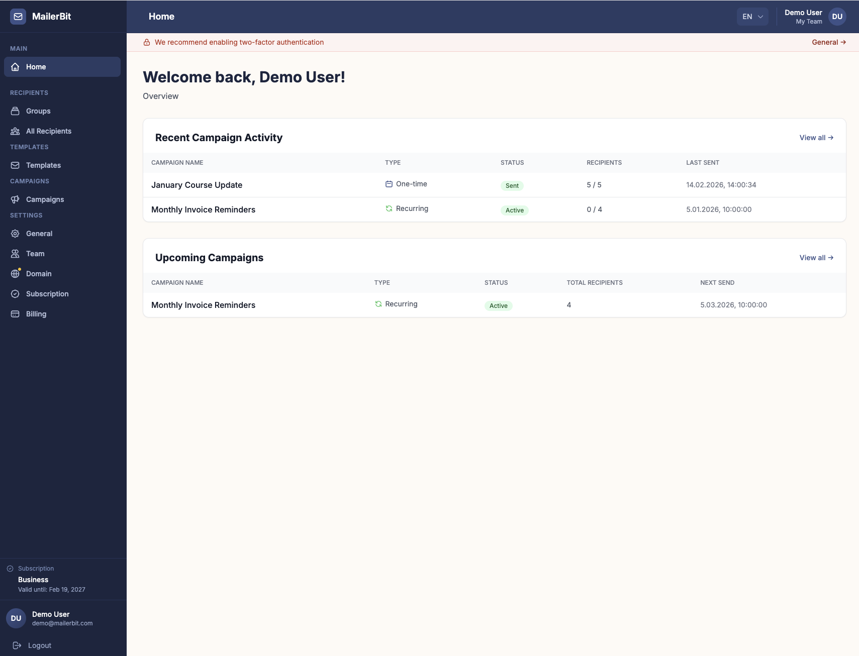 MailerBit application interface — interactive demo showing contact management, email templates, and campaign dashboard